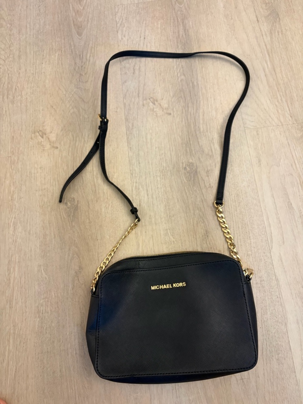 Michael Kors Black Leather Crossbody with Gold Chain Strap